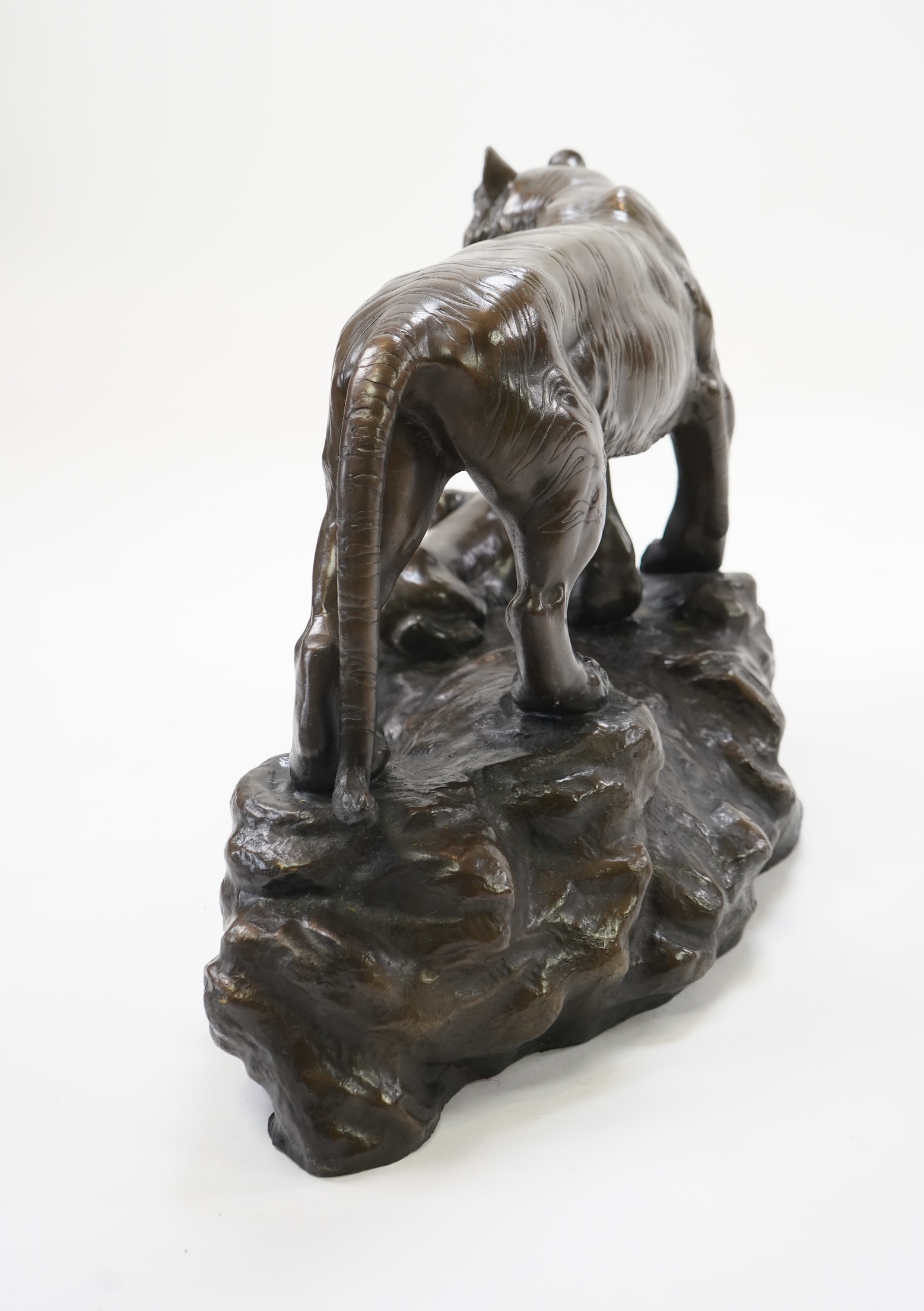 CHANGE TO DESCRIPTION- After Genryusai Seiya, a large patinated bronze group of two tigers on a riverbank